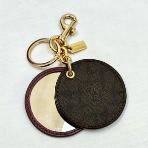 COACH Mirror Bag Charm Signature Canvas Key Ring Dogleash Clip Brown Maroon Gold